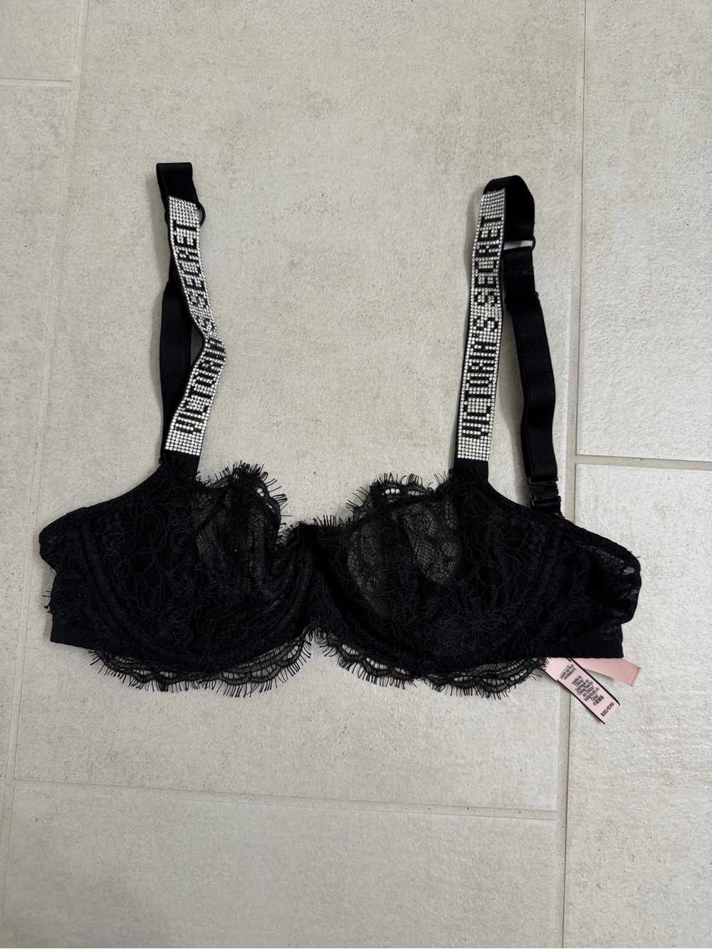 Victoria's Secret Black Lace Underwire Bra with Logo Embellished Straps